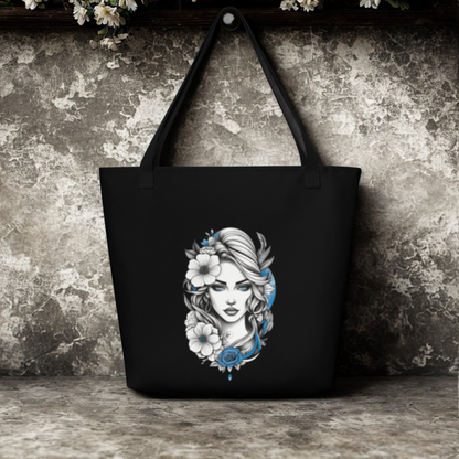 Mystic Blue Floral Goddess Large Tote Bag with floral goddess artwork on black background