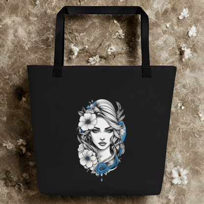 Mystic Blue Floral Goddess Large Tote Bag with black base and elegant white and blue floral goddess design, durable and spacious with comfortable handles.