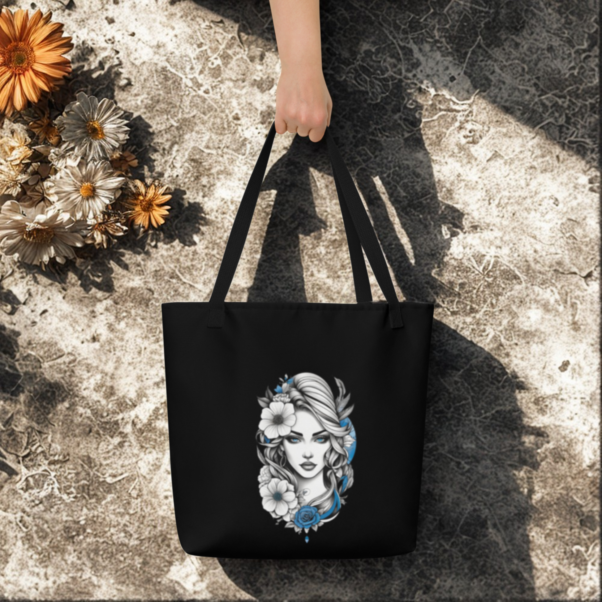 Mystic Blue Floral Goddess large tote bag with black background and blue floral goddess design, durable and spacious with sturdy handles.