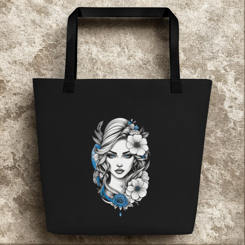 Mystic Blue Floral Goddess Large Tote Bag with black base and artistic blue and white floral goddess design