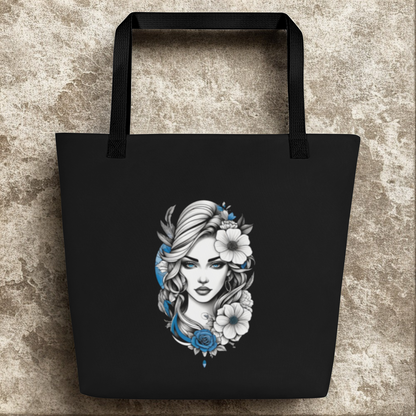 Mystic Blue Floral Goddess Large Tote Bag with black base and artistic blue and white floral goddess design