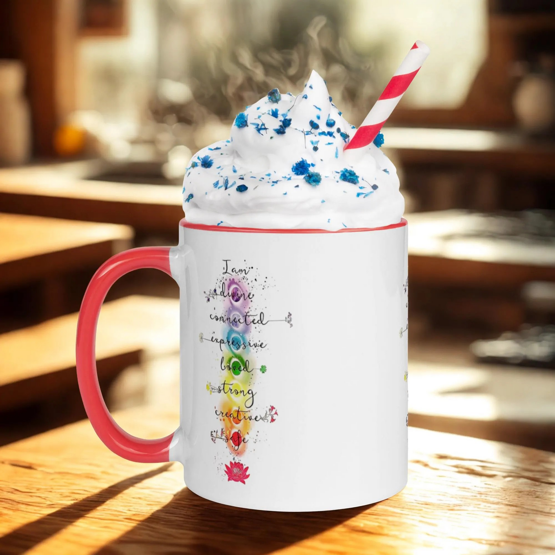 Motivation Chakra Mug ceramic coffee cup with colorful chakra design and red handle
