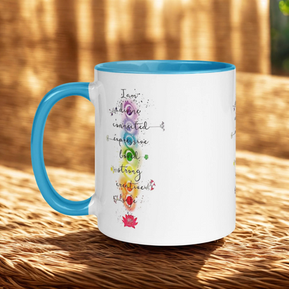 Motivation Chakra Mug with colorful chakra design, blue handle and interior, ceramic, microwave and dishwasher safe