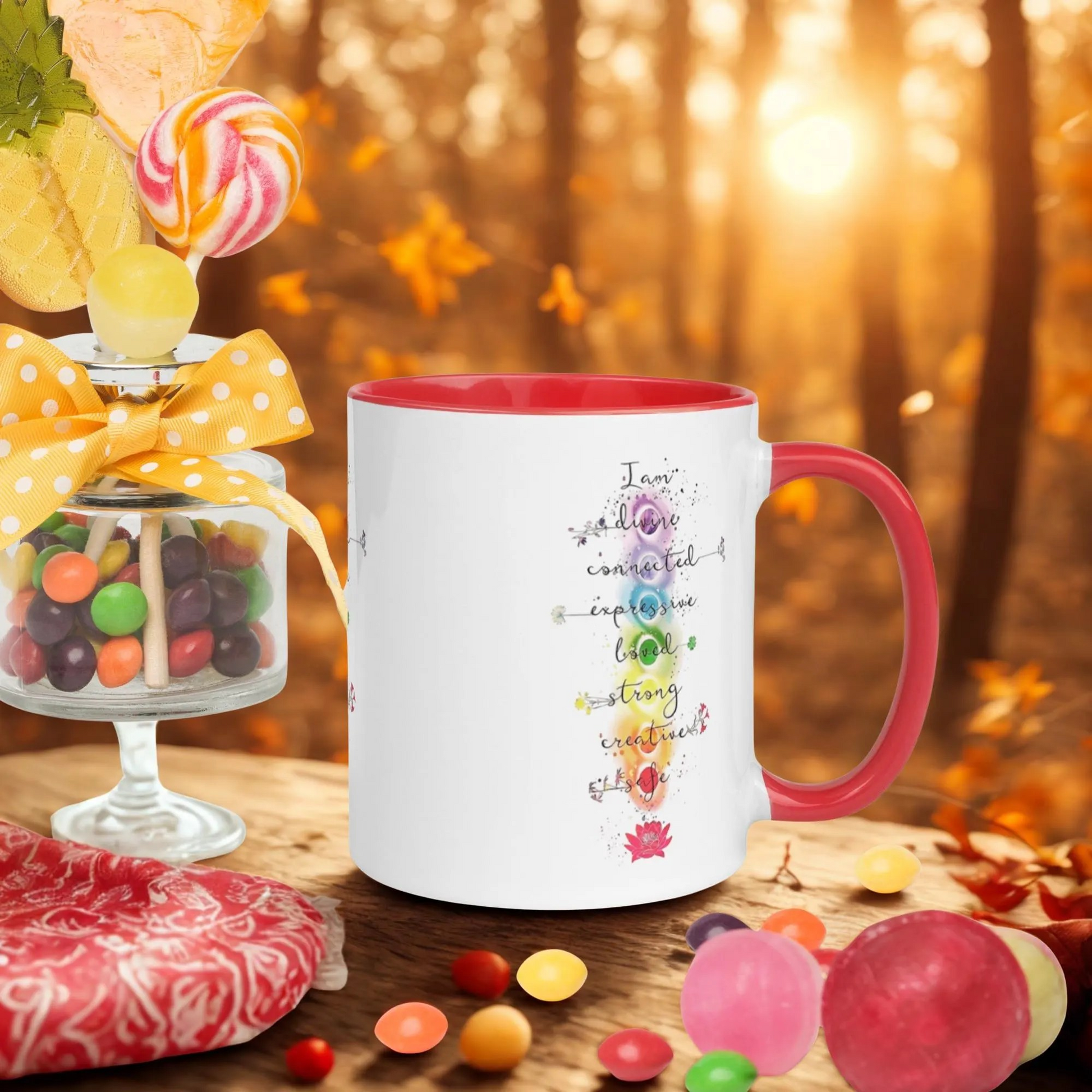 Motivation Chakra Mug with colorful chakra design, red handle and rim, ceramic coffee cup ideal for daily use and positive energy.