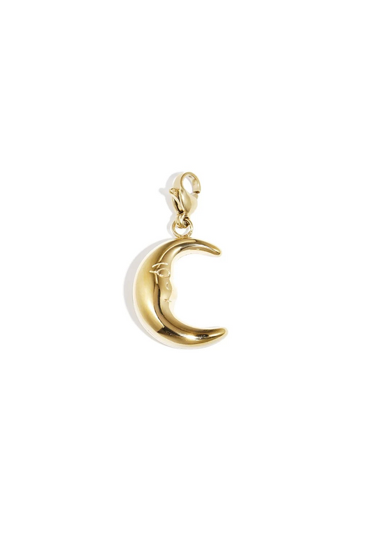 Goudkleurige RVS maan bedel met gezicht voor ketting of armband.