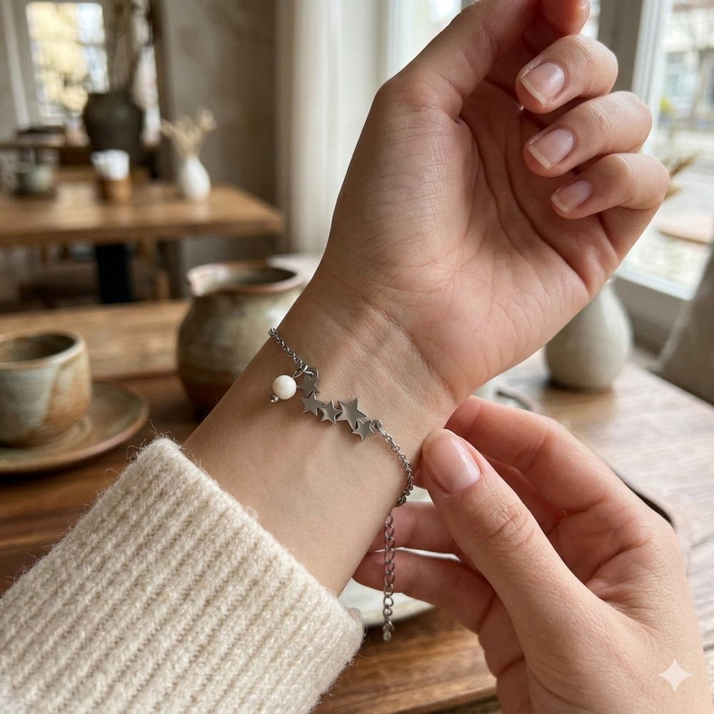 Zilveren stainless steel armband met vijf sterretjes en een witte ronde maansteen kraal gedragen om de pols