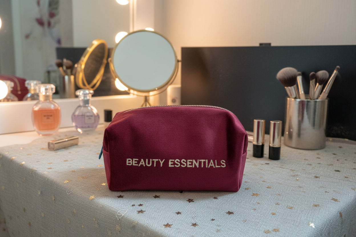 Glow Mystic in Style bordeauxrode cosmeticatas op kaptafel naast parfum en make-up borstels