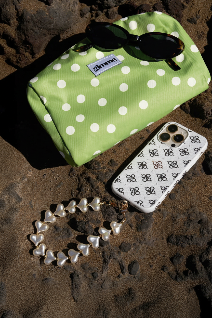 Parelmoer hartjes phone charm van Glow Mystic in Style met smartphone op zanderige ondergrond