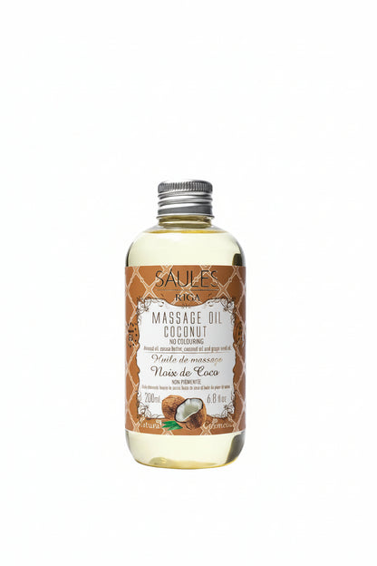 Saules Fabrika massageolie Coconut 200ml op een lwitte achtergrond