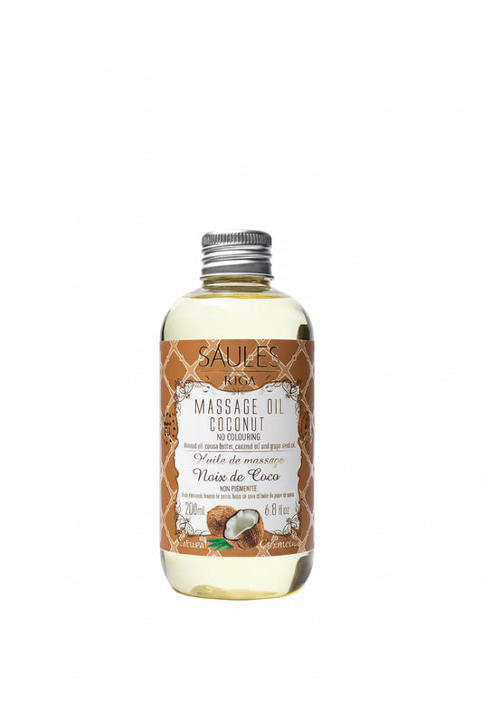 Saules Fabrika massageolie Coconut 200ml op een lwitte achtergrond