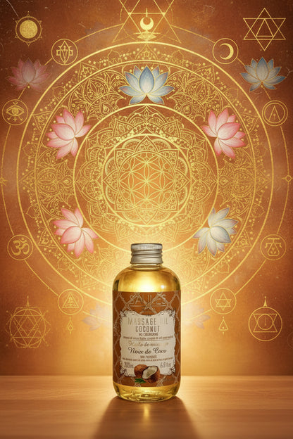 Saules Fabrika luxe massageolie Coconut 200ml doseerfles tegen een spirituele, gouden achtergrond met mandala's en lotusbloemen - Glow Mystic in Style.