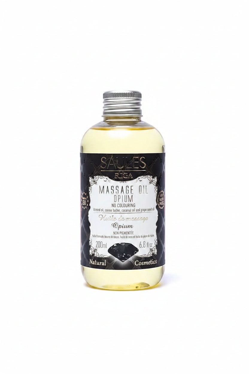 aules Fabrika luxe massageolie Opium 200ml doseerfles met zwarte diamant op het label - Glow Mystic in Style.