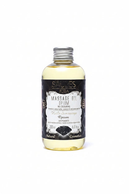 aules Fabrika luxe massageolie Opium 200ml doseerfles met zwarte diamant op het label - Glow Mystic in Style.
