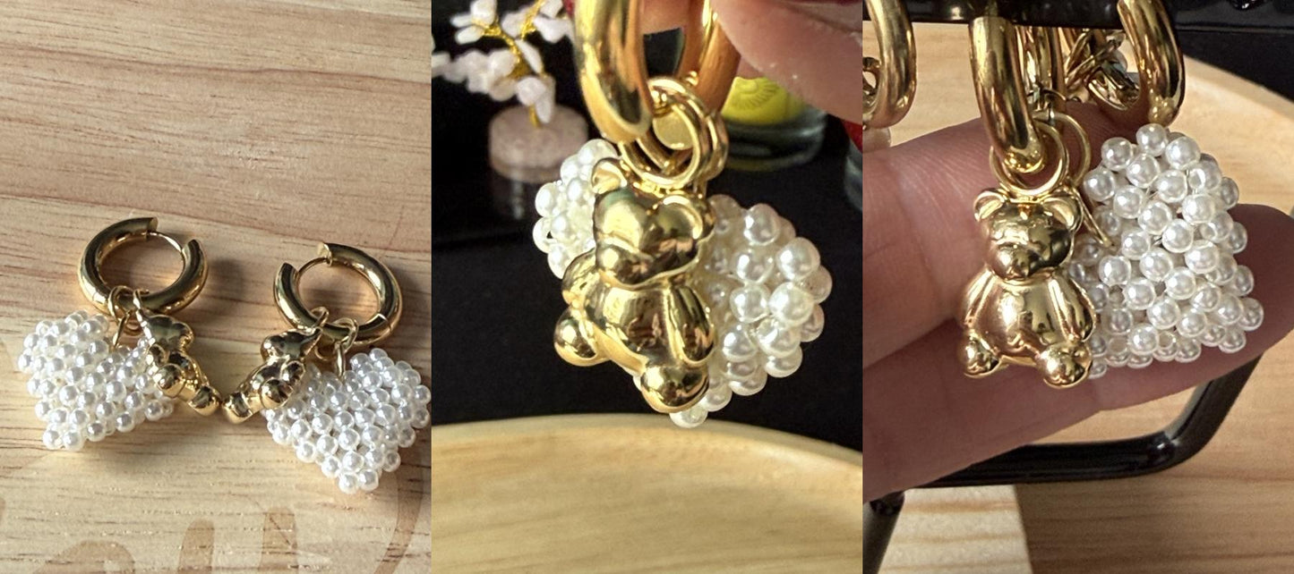 “Set van 3 productfoto’s van gouden beertjes oorbellen met parels, inclusief detail, dragen en luxe styling”