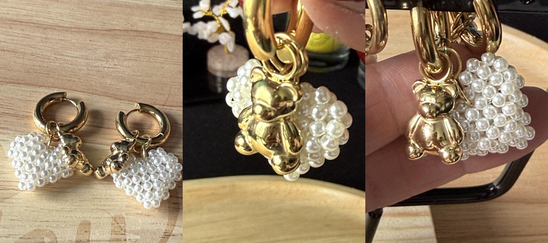 “Set van 3 productfoto’s van gouden beertjes oorbellen met parels, inclusief detail, dragen en luxe styling”