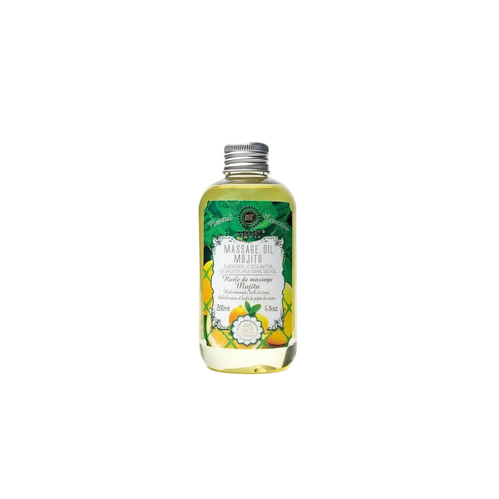 Saules Fabrika luxe massageolie Mojito 200ml doseerfles met groen label en afbeeldingen van limoen en munt - Glow Mystic in Style.