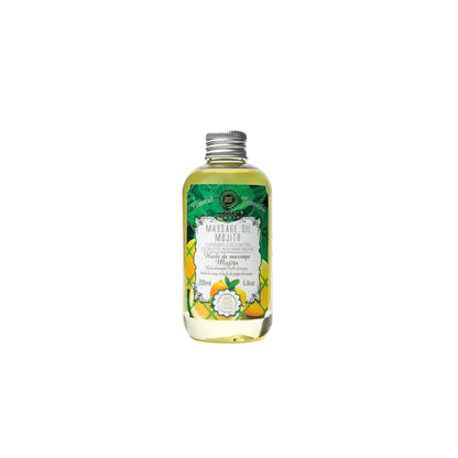 Saules Fabrika luxe massageolie Mojito 200ml doseerfles met groen label en afbeeldingen van limoen en munt - Glow Mystic in Style.
