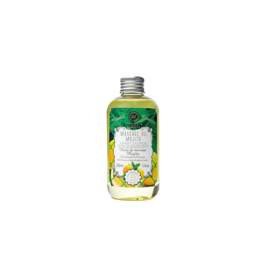 Saules Fabrika luxe massageolie Mojito 200ml doseerfles met groen label en afbeeldingen van limoen en munt - Glow Mystic in Style.