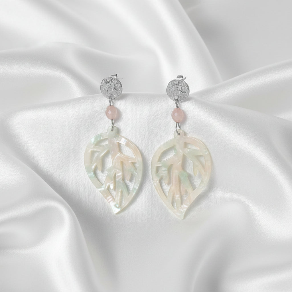 Kunziet Blad Statement Oorbellen van zilver met paarse kunziet edelsteen en lichtgewicht acryl bladhanger