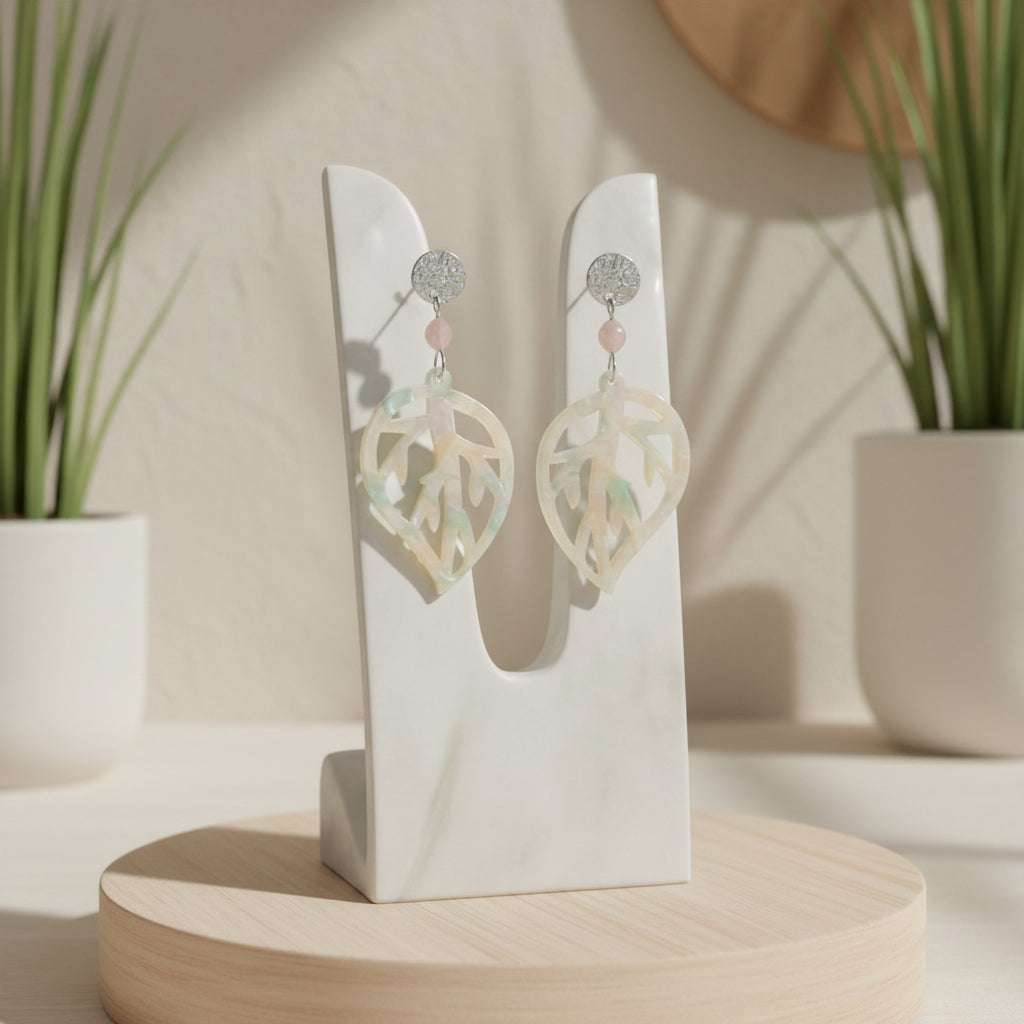 Kunziet Blad Statement Oorbellen zilver met paarse edelsteen en acryl bladvorm hanger