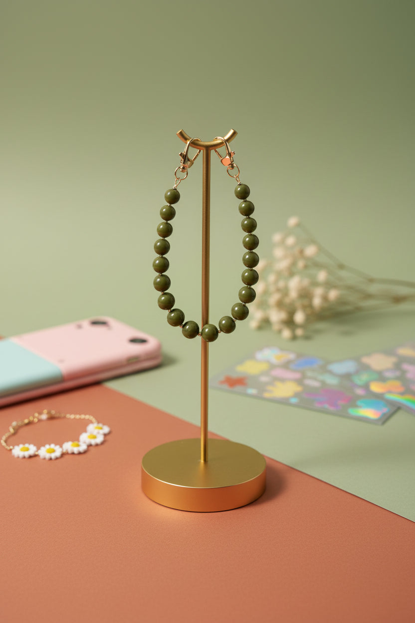 Elegant olive green telefoonkoord met glanzende kralen en gouden details, stijlvol gepresenteerd op een luxe gouden standaard in een zachte pastelsetting.