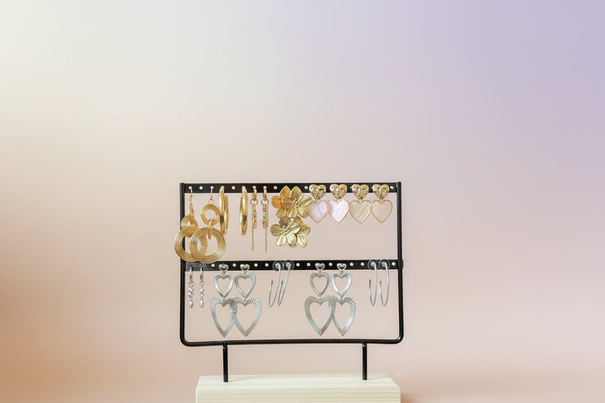 Collectie dames oorbellen goud en zilver op sieraden display