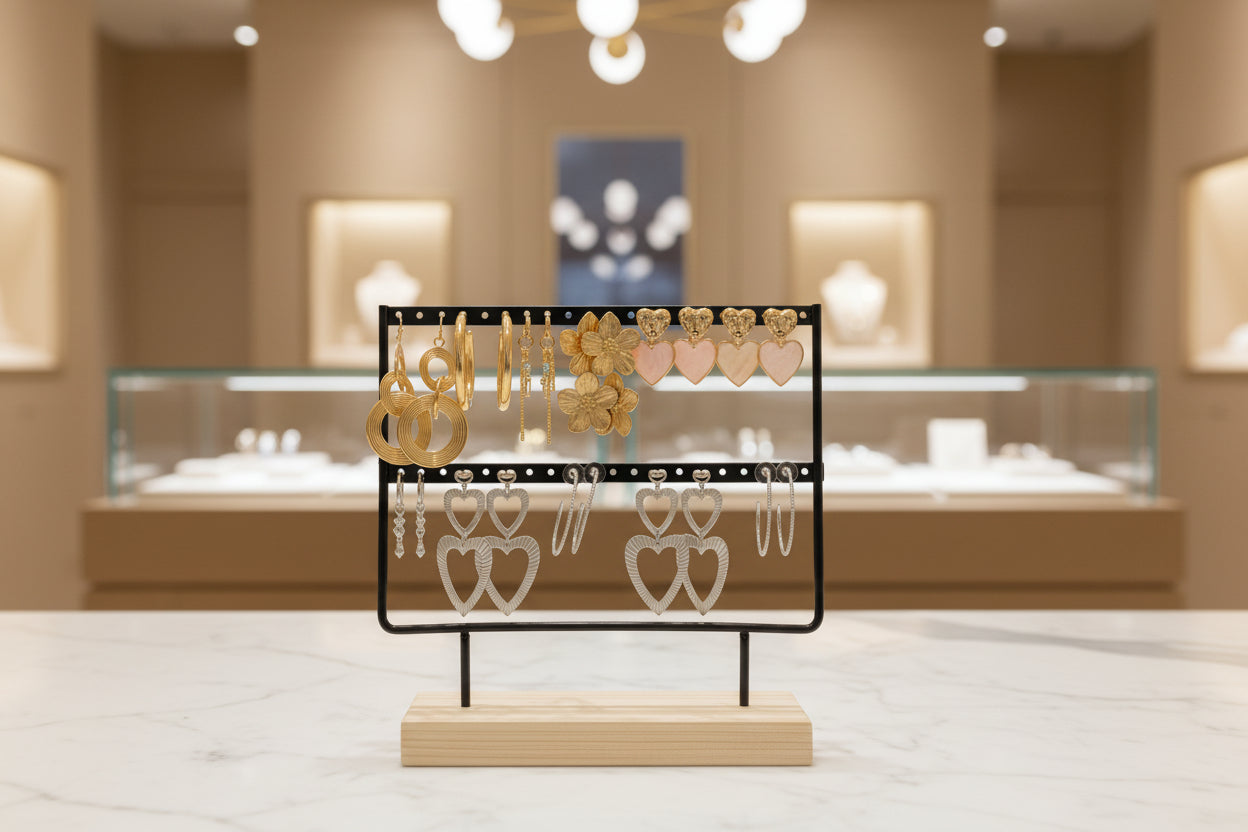 Collectie dames oorbellen goud en zilver op sieraden display