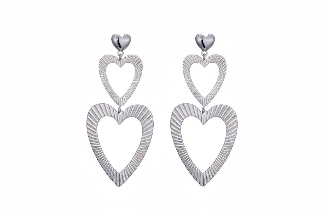 Zilveren dubbele hart oorhangers stainless steel ±7 cm