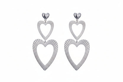 Zilveren dubbele hart oorhangers stainless steel ±7 cm