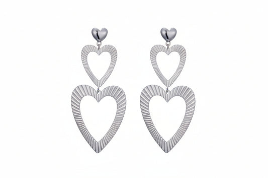 Zilveren dubbele hart oorhangers stainless steel ±7 cm