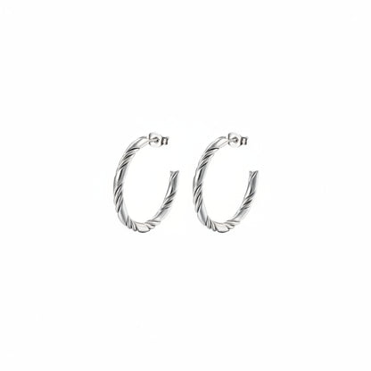Elegante zilveren gedraaide statement oorringen van stainless steel op een heldere witte achtergrond van Glow Mystic in Style.