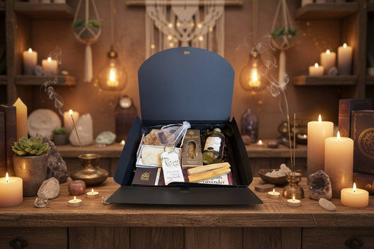 Wellness Box Rituals of Relaxation Opium Sensual Elixir with candles, incense, massage oil, guasha stone for deep relaxation and aromatherapy