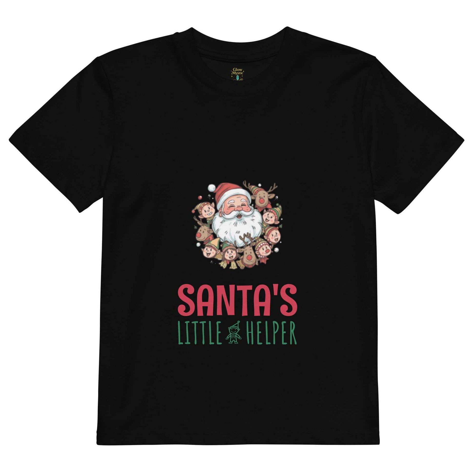 Black Santa's Little Helper Christmas T-Shirt with Santa and reindeer design, soft cotton festive tee