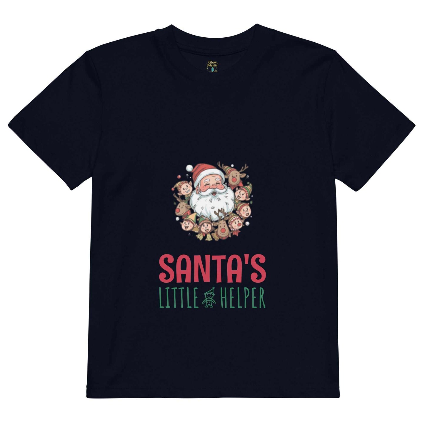 Black Santa's Little Helper Christmas T-Shirt with Santa and elf graphic and festive text design