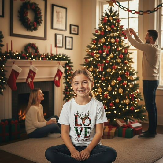 Child wearing white organic kids t-shirt with Love Christmas design in festive classroom setting