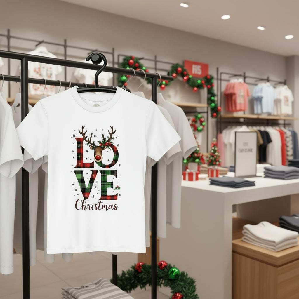 White organic kids Christmas t-shirt with Love Christmas plaid design, reindeer antlers, and red nose print
