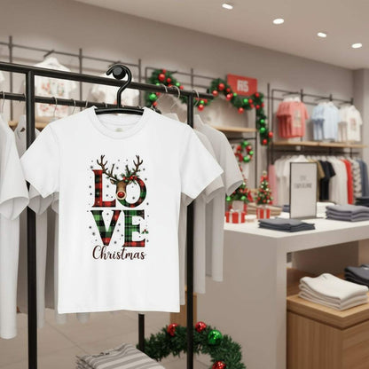 White organic kids Christmas t-shirt with Love Christmas plaid design, reindeer antlers, and red nose print