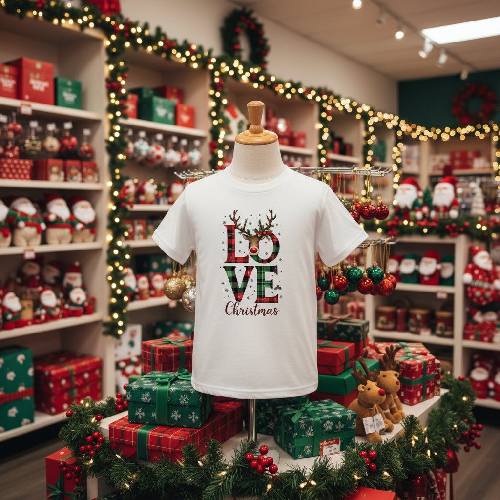 White organic kids T-shirt with Love Christmas plaid design, reindeer antlers, and red nose in festive holiday setting