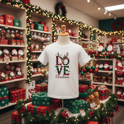 White organic kids T-shirt with Love Christmas plaid design, reindeer antlers, and red nose in festive holiday setting