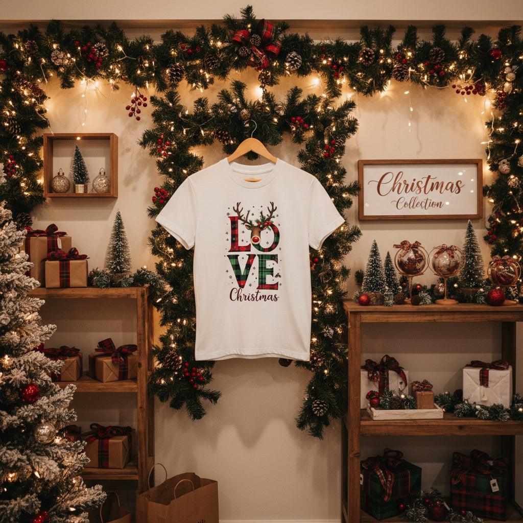White Organic Kids T-Shirt with festive Love Christmas design hanging in a holiday decorated room