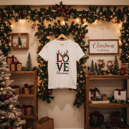 White Organic Kids T-Shirt with festive Love Christmas design hanging in a holiday decorated room