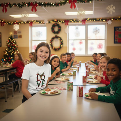 Child wearing white organic kids t-shirt with festive Love Christmas design in school hallway decorated for Christmas
