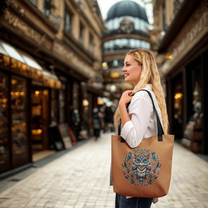 Woman carrying a brown Mystical Owl Tote Bag with colorful owl and floral design in urban shopping area