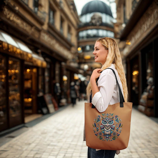 Woman carrying a brown Mystical Owl Tote Bag with colorful owl and floral design in urban shopping area
