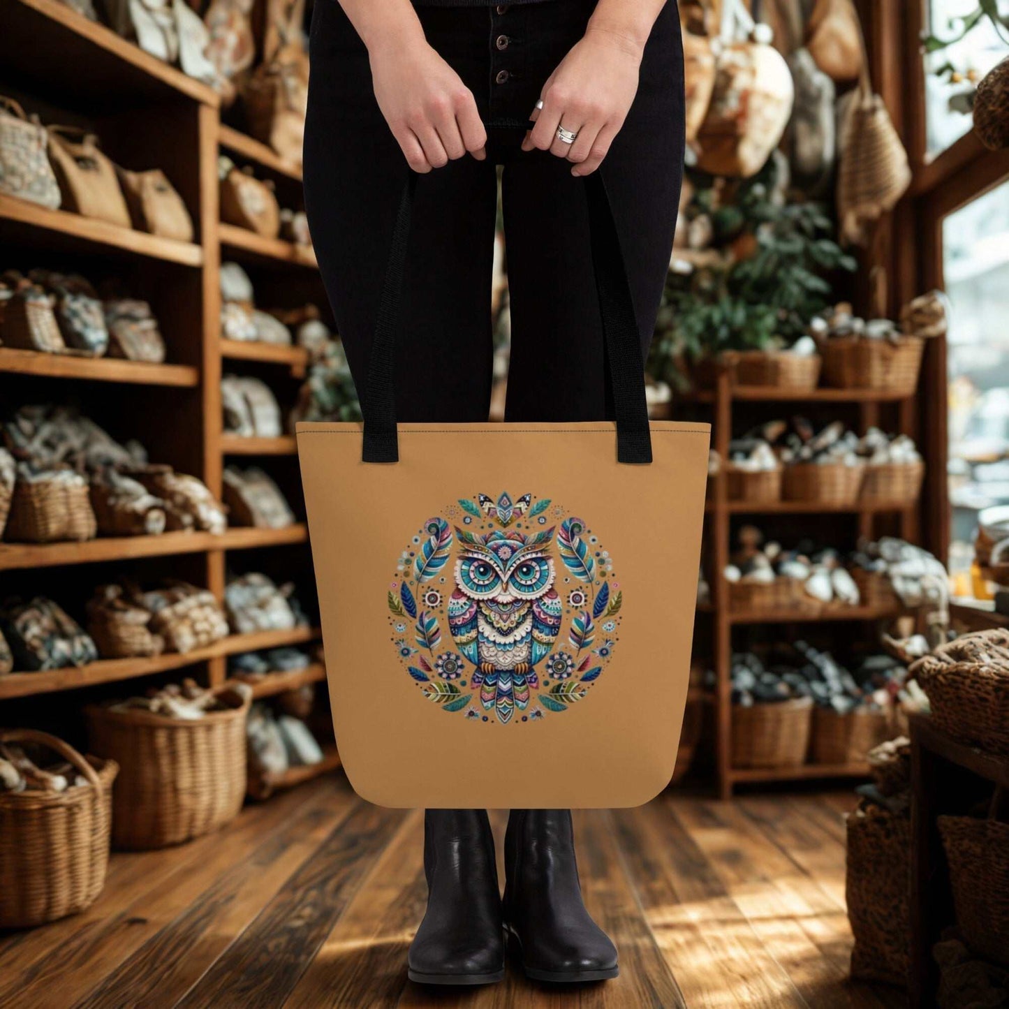 Brown Mystical Owl Tote Bag with vibrant boho owl and floral design, sturdy black handles, held by person in cozy boutique setting