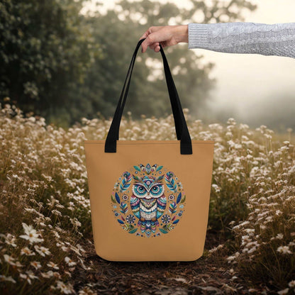 Mystical Owl Tote Bag with vibrant boho owl design and black handles held outdoors among flowers