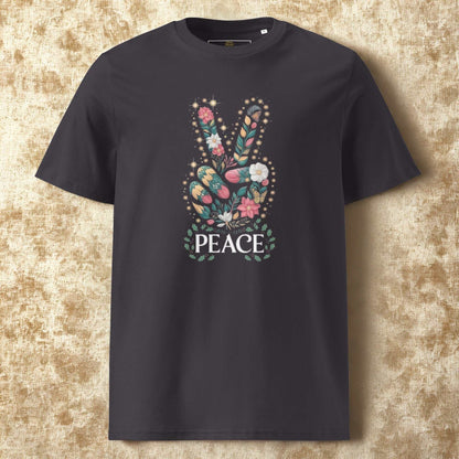 Unisex organic cotton T-shirt in black with floral peace hand graphic and "PEACE" text, eco-friendly sustainable fabric.