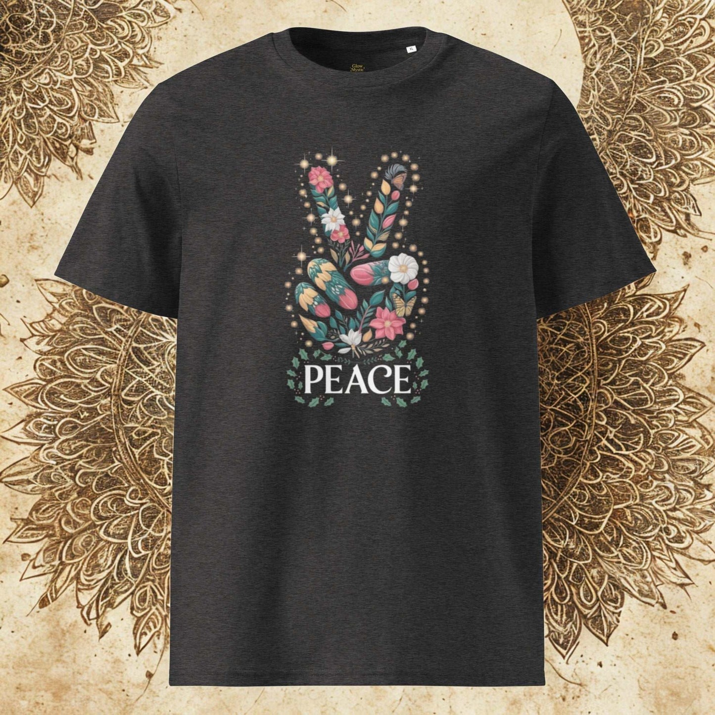 Unisex Organic Cotton T-shirt with floral peace hand graphic on dark fabric