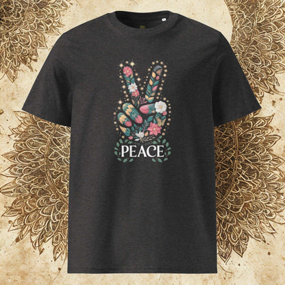 Unisex Organic Cotton T-shirt with floral peace hand graphic on dark fabric