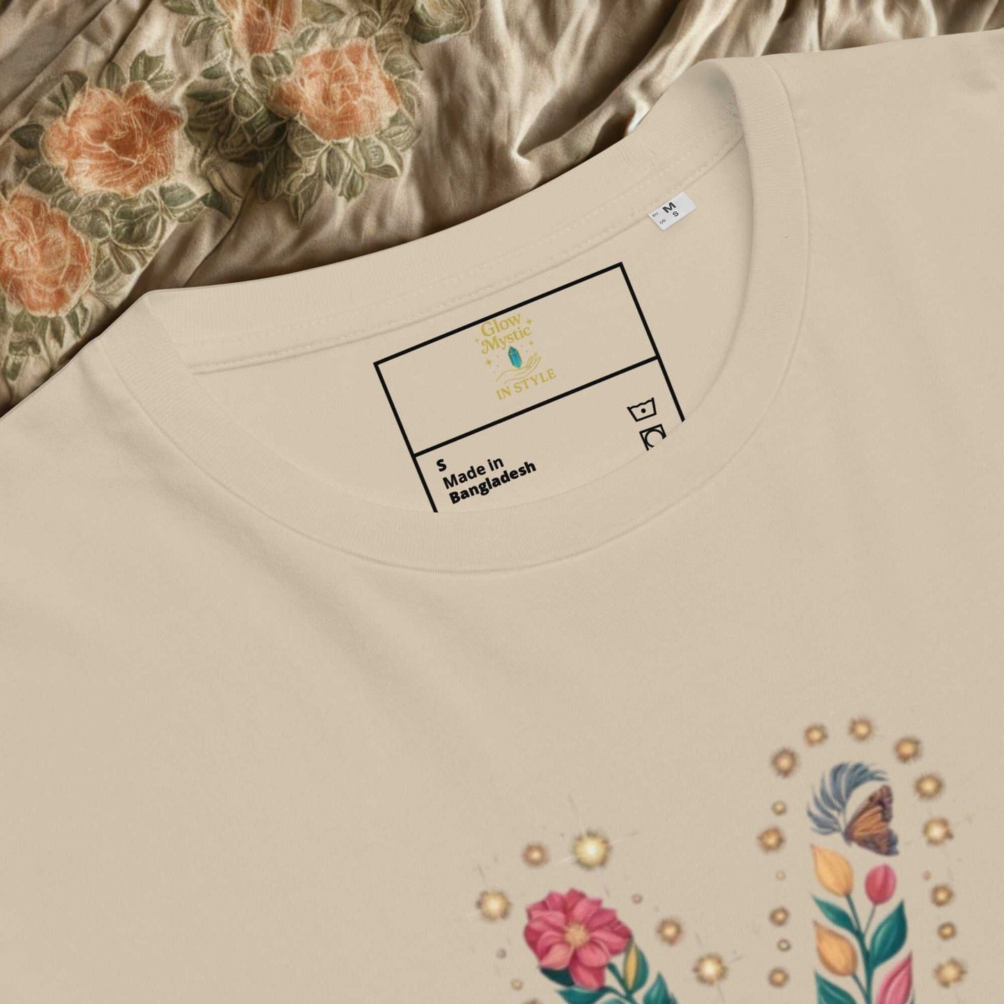 beige unisex organic cotton t-shirt with floral graphic print, made in Bangladesh, medium size